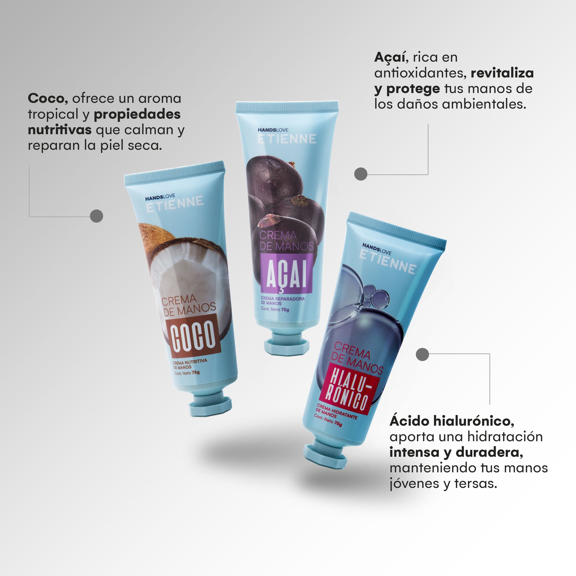 Set Crema Hidratante De Manos: Coco, Ácido Hialurónico Y Acai