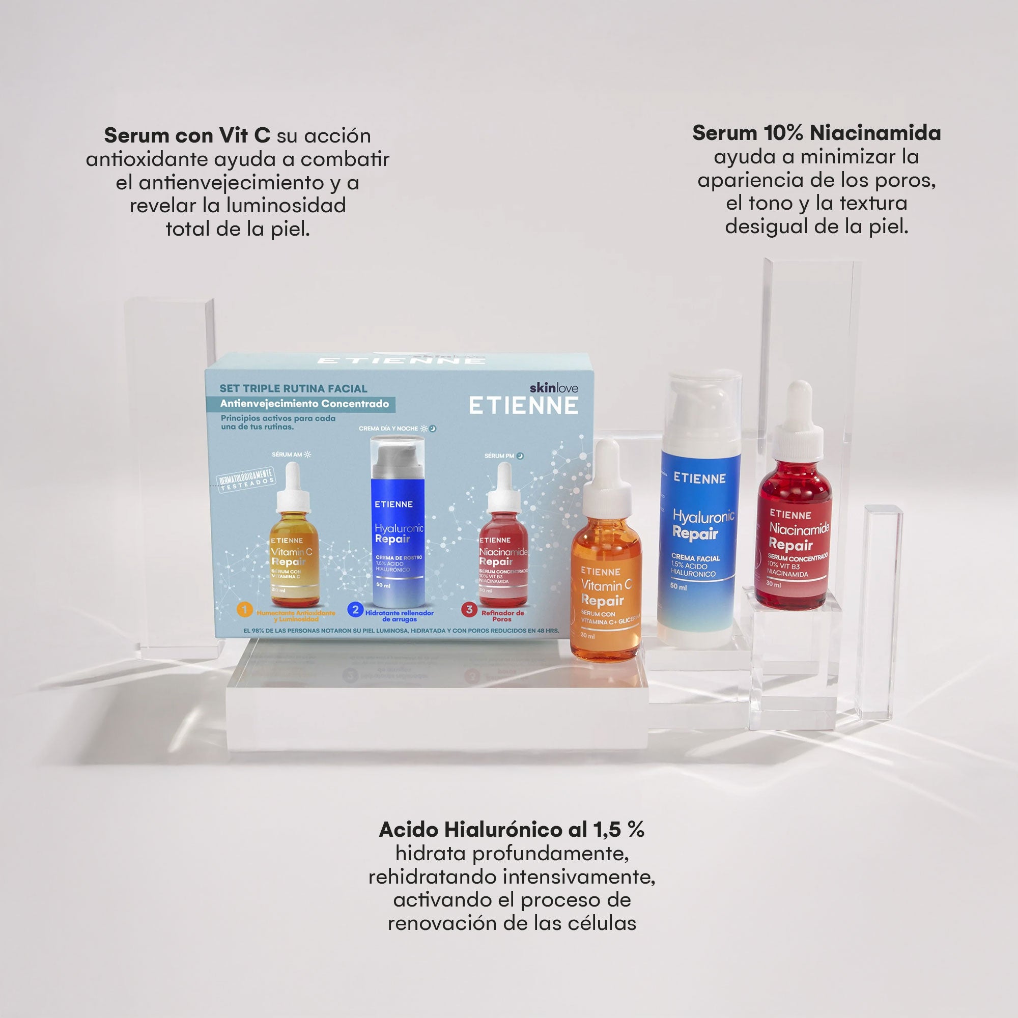 Set Triple Rutina Facial: Crema Ácido Hialurónico + Serum Vit C + Serum Niaciniamida