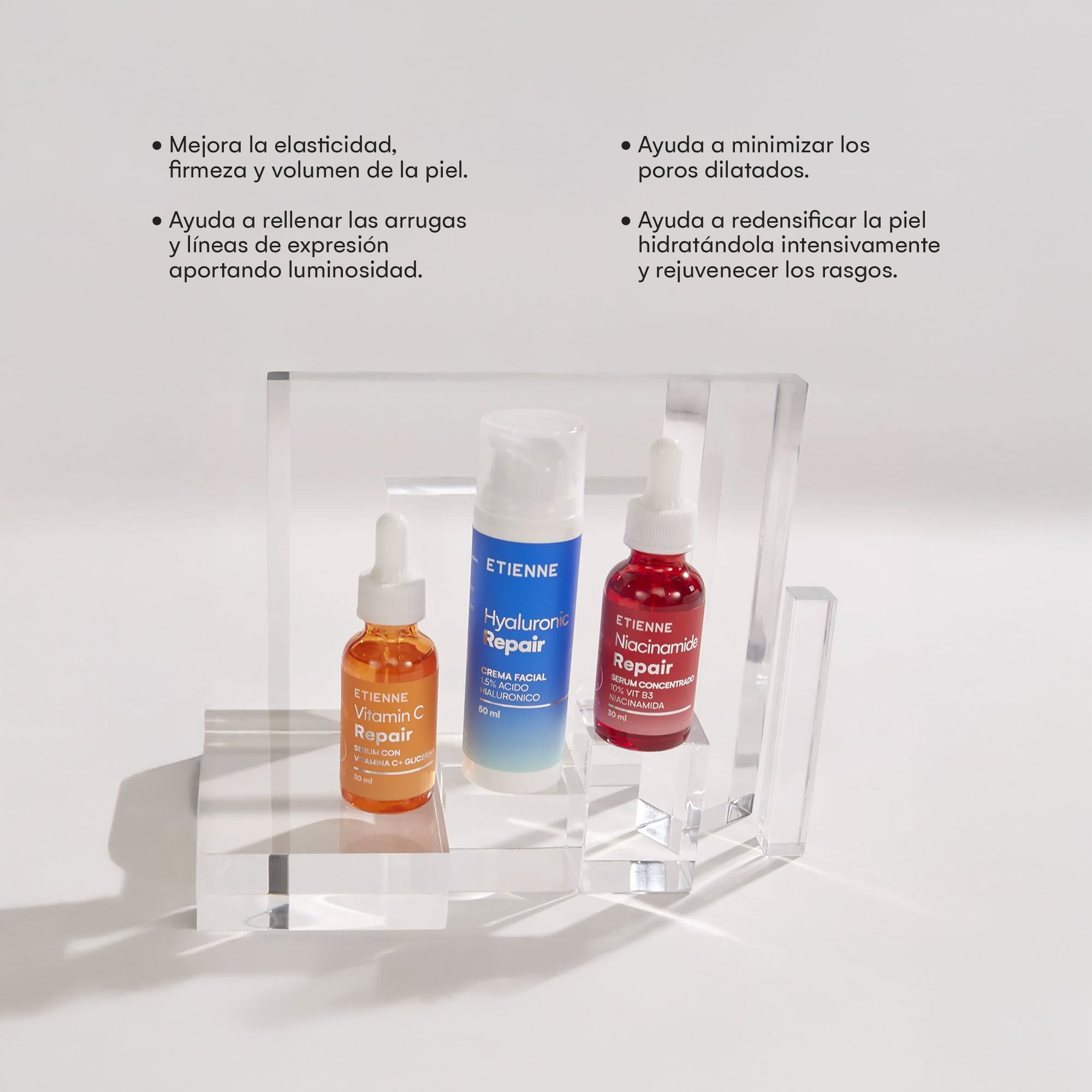 Set Triple Rutina Facial: Crema Ácido Hialurónico + Serum Vit C + Serum Niaciniamida