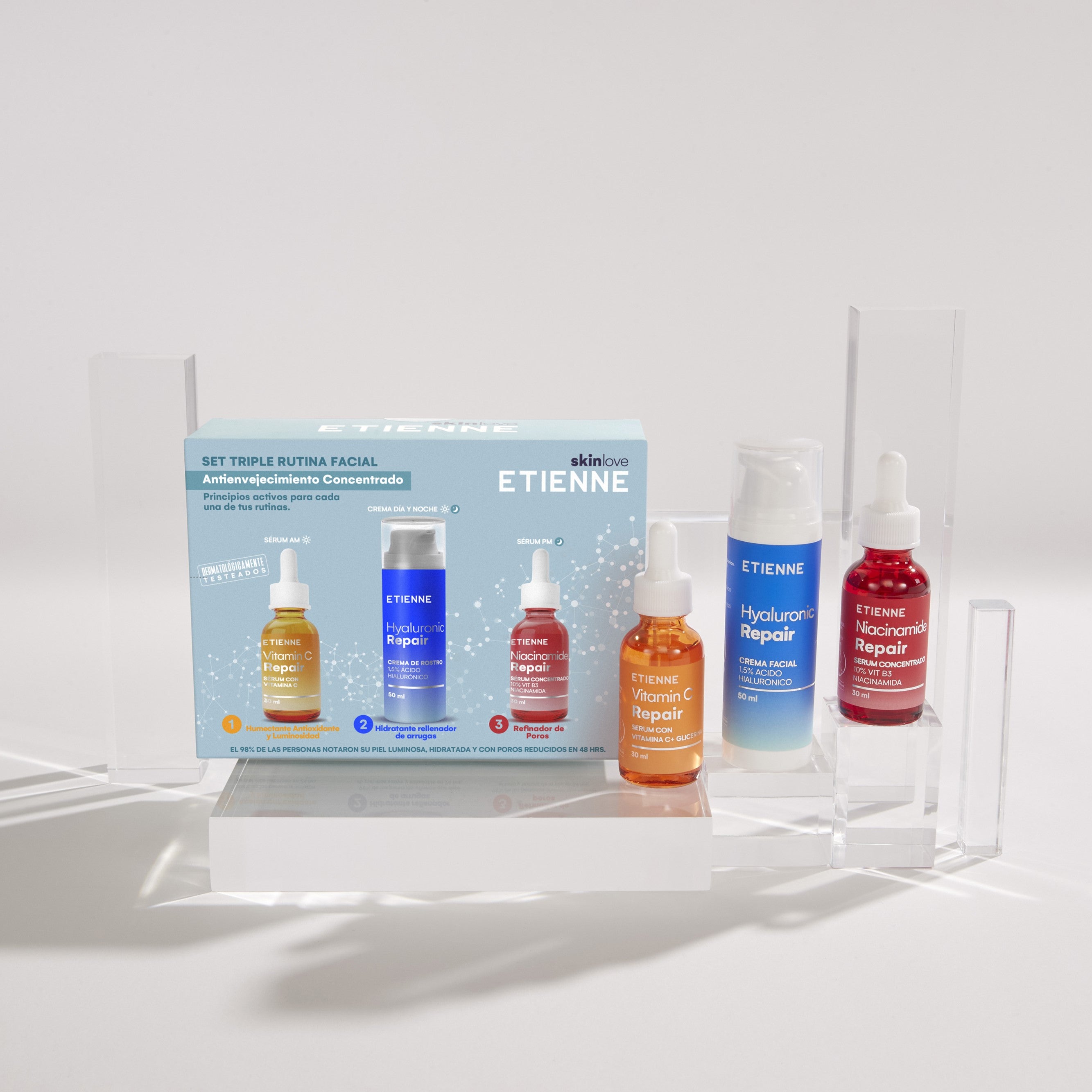 Set Triple Rutina Facial: Crema Ácido Hialurónico + Serum Vit C + Serum Niaciniamida