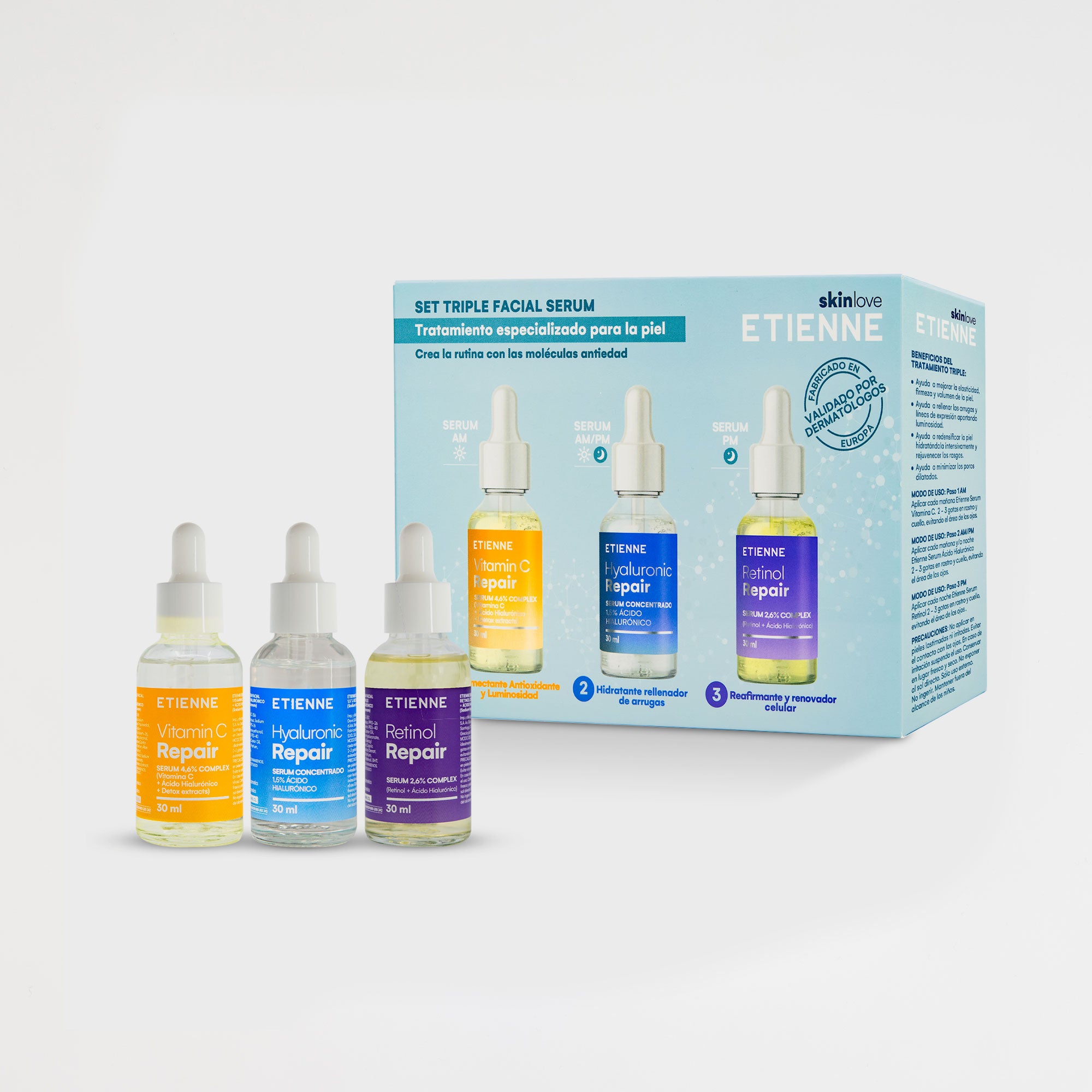 Set Tripe Serum Ácido Hialurónico, Vitamina C Y Retinol 30 Ml