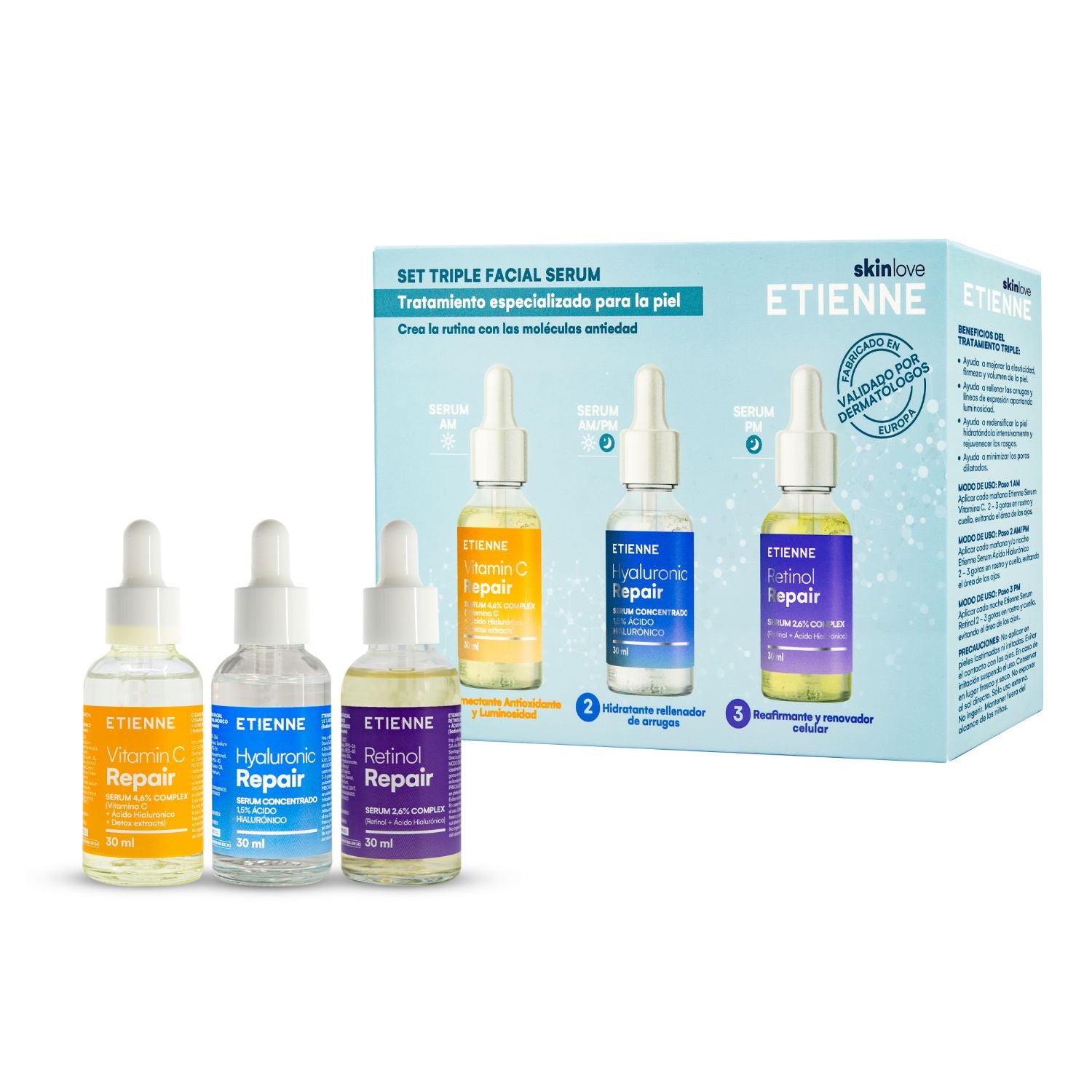 Set Tripe Serum Ácido Hialurónico, Vitamina C Y Retinol 30 Ml